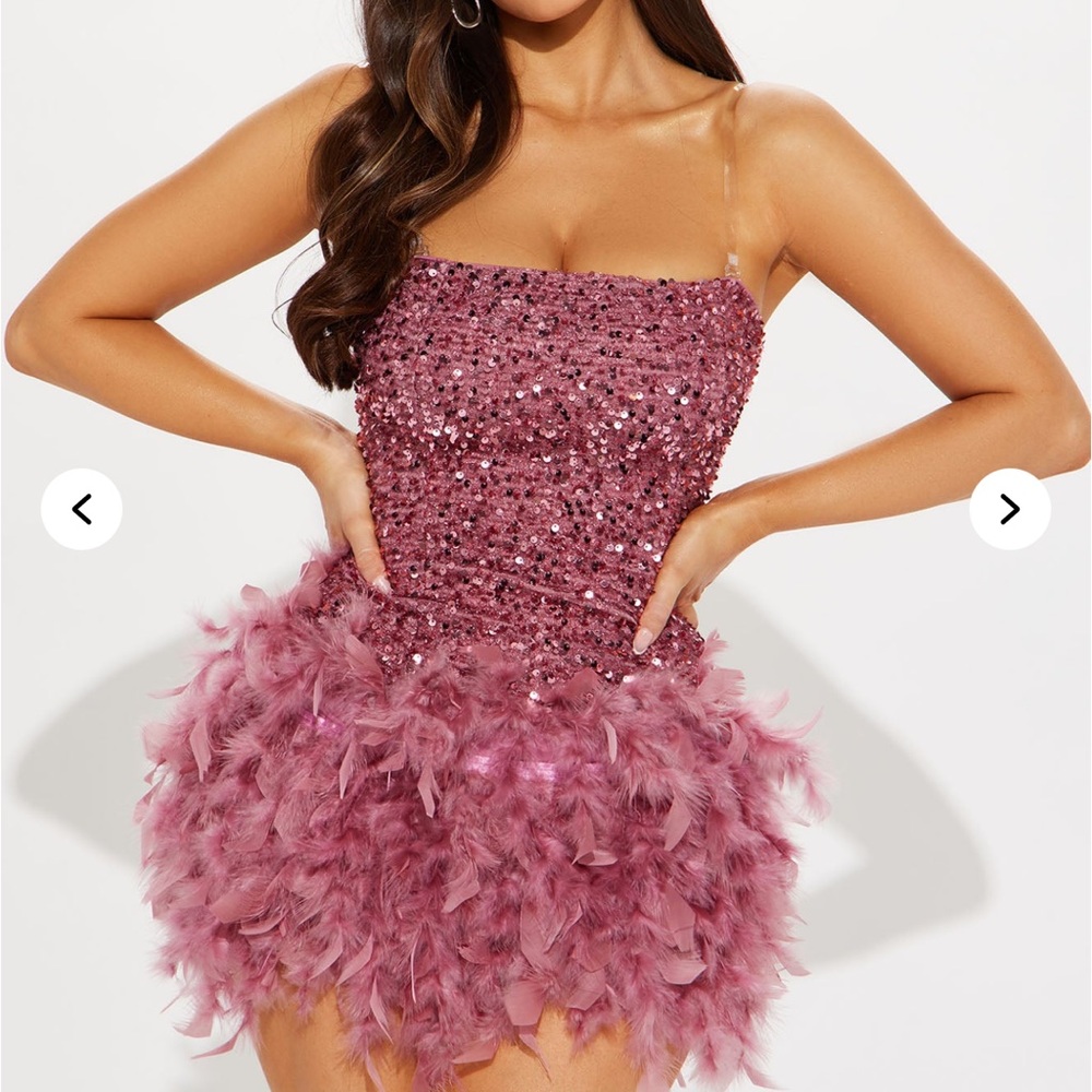 Pink Sequin and Feather Mini Dress